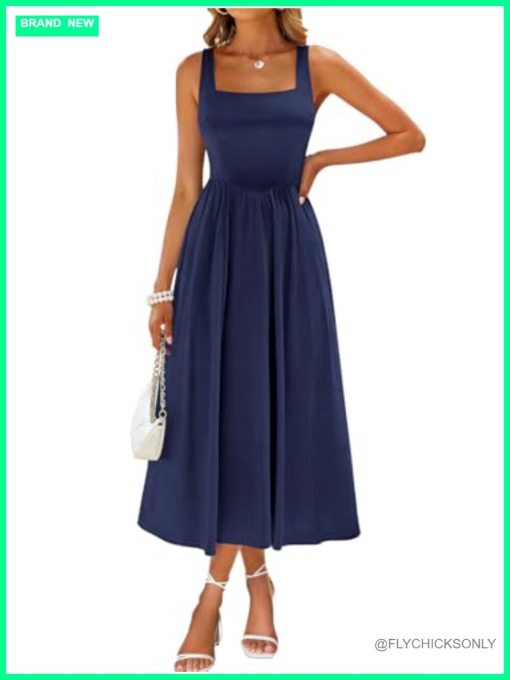Square Neck Tank Sleeveless A-Line Midi Dress with Pockets